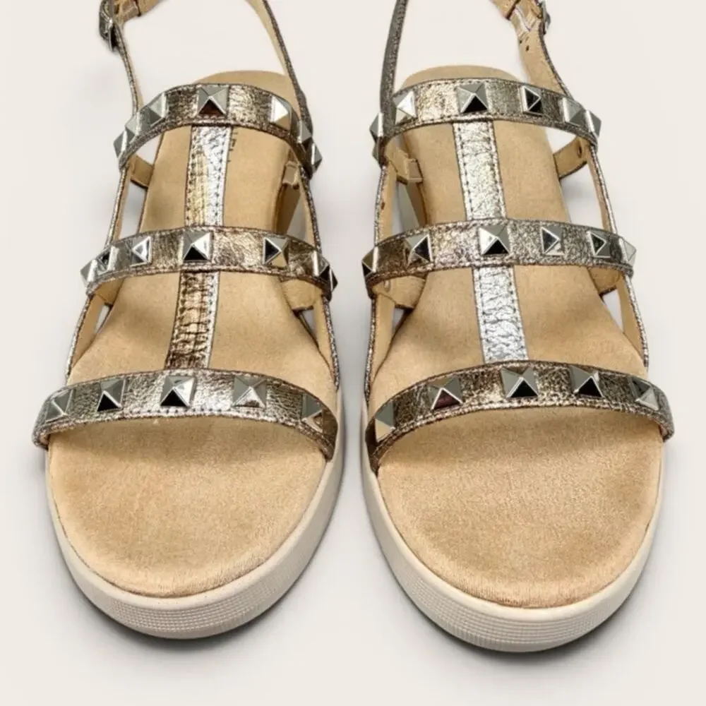 VANELi 7M Coley Metallic Gold Leather Comfort Studded Strappy Wedge Sandals